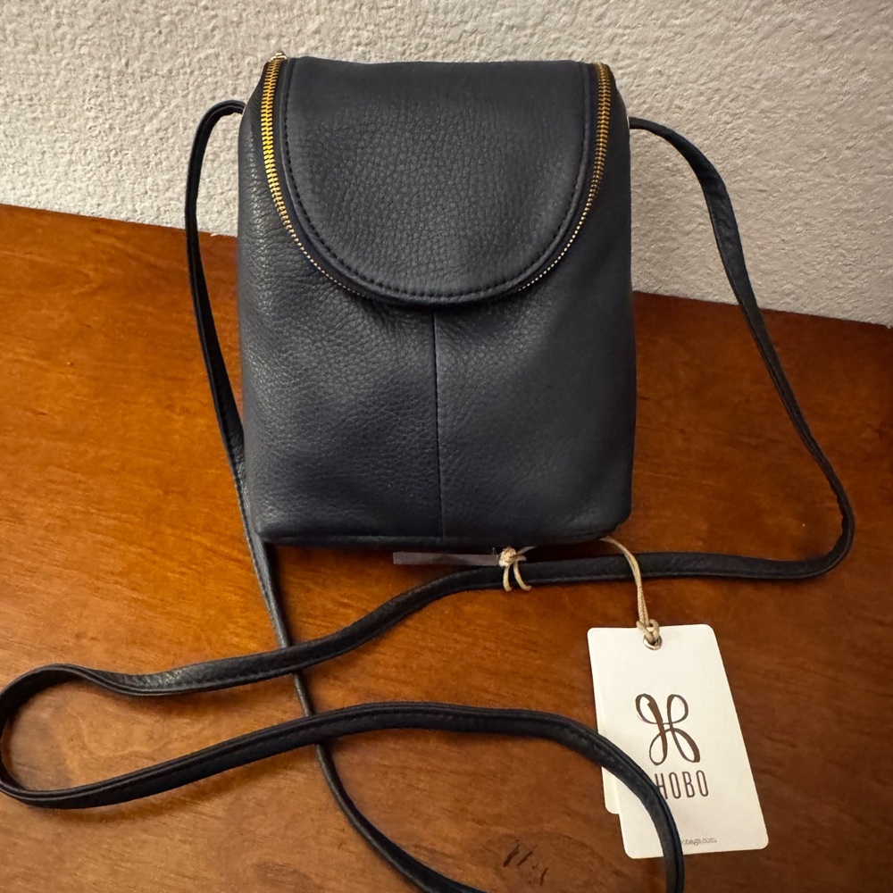 HOBO Blue Leather Crossbody with Gold Trim